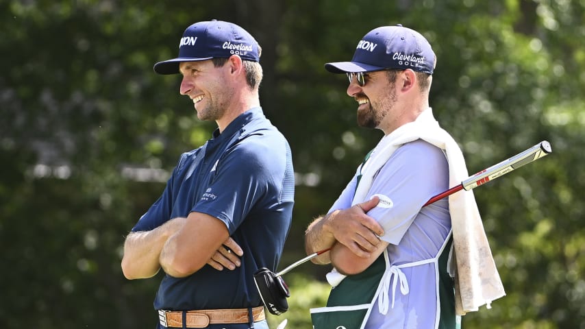 GREER, SC - JUNE 12:  Brandon Matthews at the 18th green during the final round of the BMW Charity Pro-Am presented by TD SYNNEX at Thornblade Club on June 12,  2022 in Greer, South Carolina. (Photo by Tracy Wilcox/PGA TOUR via Getty Images)