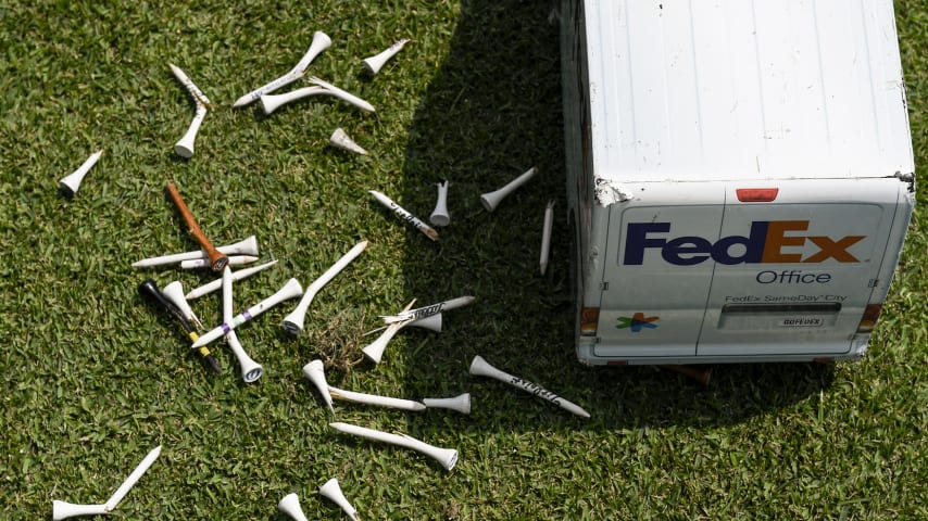 MEMPHIS, TN - AUGUST 07: A FedEx truck tee marker and broken tees at the eighth hole during the third round of the World Golf Championships-FedEx St. Jude Invitational at TPC Southwind on August 7, 2021 in Memphis, Tennessee. (Photo by Tracy Wilcox/PGA TOUR via Getty Images)
