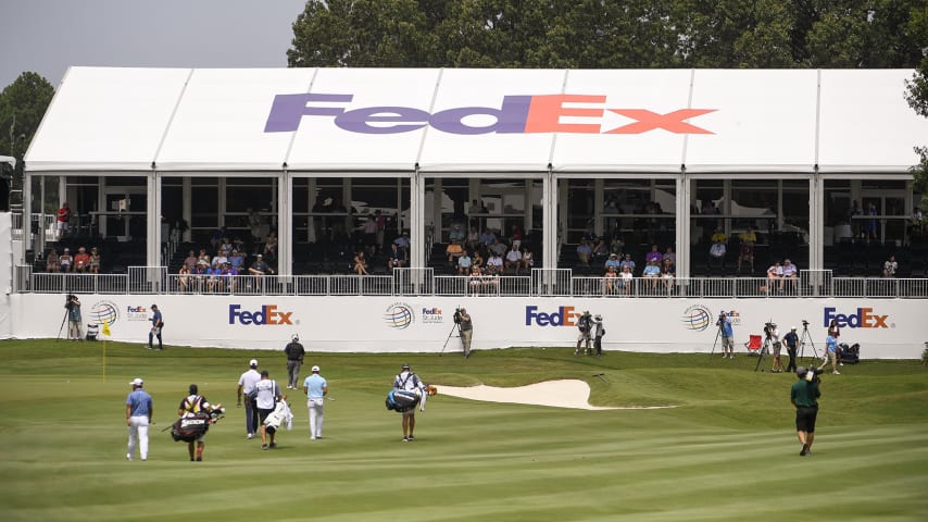 MEMPHIS, TN - AUGUST 06: FedEx logo on the structure at the 17th hole during the second round of the World Golf Championships-FedEx St. Jude Invitational at TPC Southwind on August 6, 2021 in Memphis, Tennessee. (Photo by Tracy Wilcox/PGA TOUR via Getty Images)