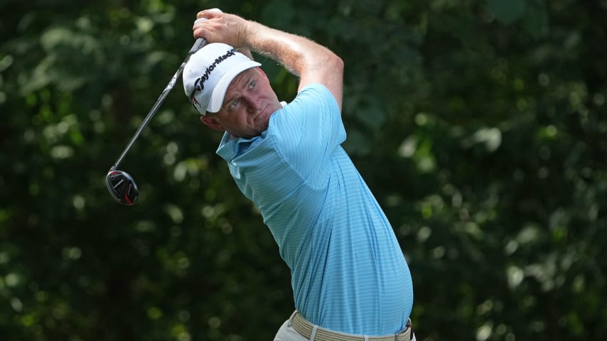 GREENSBORO, NORTH CAROLINA - AUGUST 04: Adam Long of the United States plays his shot from the second tee during the first round of the Wyndham Championship at Sedgefield Country Club on August 04, 2022 in Greensboro, North Carolina. (Photo by Dylan Buell/Getty Images)