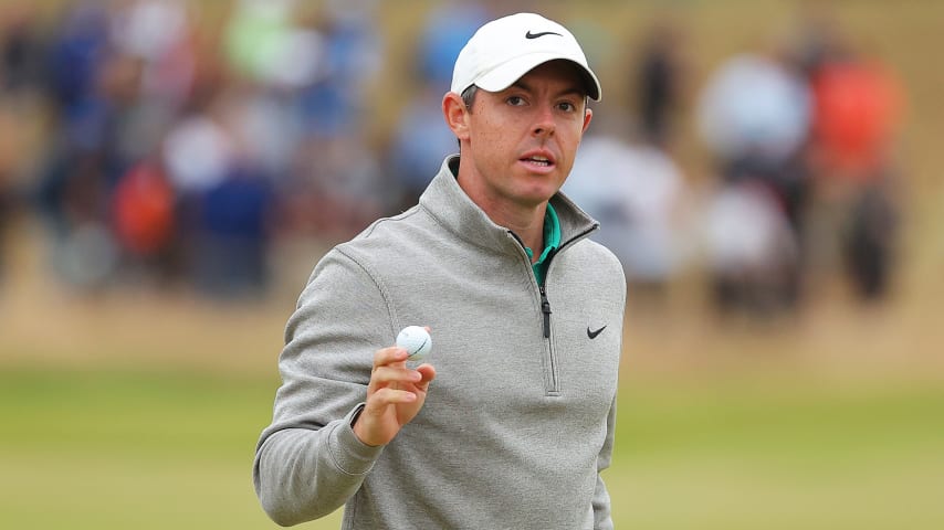 ST ANDREWS, SCOTLAND - JULY 16: Rory McIlroy of Northern Ireland acknowledges the crowd on the 16th green during Day Three of The 150th Open at St Andrews Old Course on July 16, 2022 in St Andrews, Scotland. (Photo by Kevin C. Cox/Getty Images)