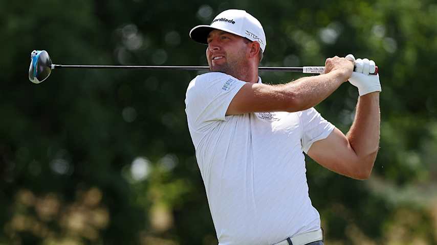 OMAHA, NEBRASKA - AUGUST 14: Taylor Montgomery of the United States hits a tee shot on the 14th hole during the final round of the Pinnacle Bank Championship presented by Aetna at The Club at Indian Creek on August 14, 2022 in Omaha, Nebraska. (Photo by Mike Mulholland/Getty Images)