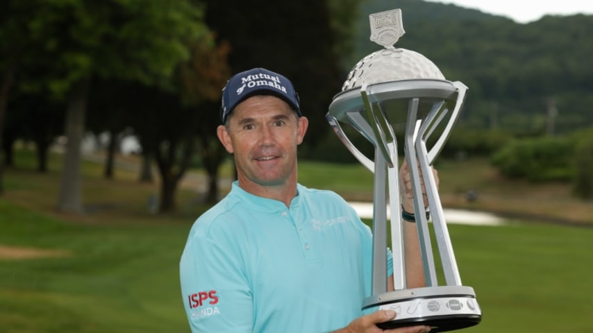 ENDICOTT, NY - AUGUST 21: Padraig Harrington of Ireland poses for photographs with the trophy after the final round of the DICK'S Sporting Goods Open at En-Joie Golf Club on August 21, 2022 in Endicott, New York. (Photo by Ryan Young/Getty Images)