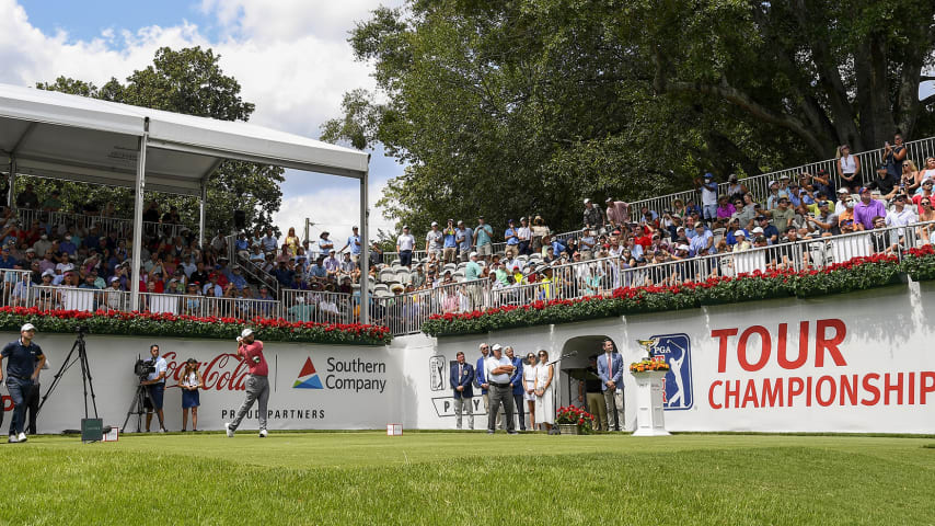 ATLANTA, GA - SEPTEMBER 05:  Jon Rahm hits his tee shot at the first hole during the final round of the TOUR Championship at East Lake Golf Club on September 5, 2021 in Atlanta, Georgia. (Photo by Chris Condon/PGA TOUR via Getty Images)