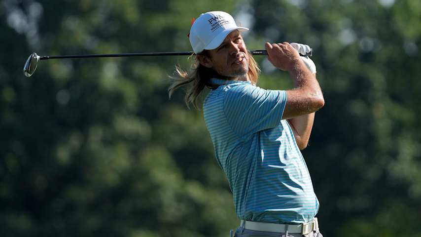 COLUMBUS, OHIO - AUGUST 25: Aaron Baddeley of Australia plays his shot from the second tee during the first round of the Nationwide Children's Hospital Championship at OSU GC - Scarlet Course on August 25, 2022 in Columbus, Ohio. (Photo by Dylan Buell/Getty Images)