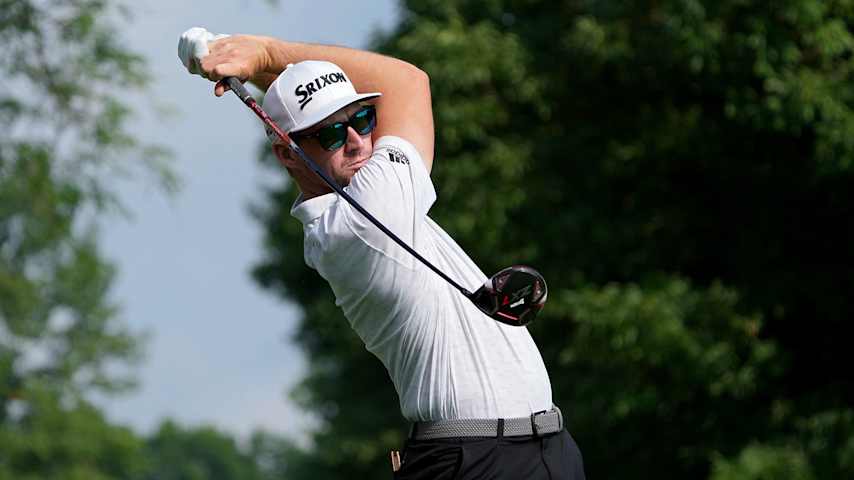 COLUMBUS, OHIO - AUGUST 26: Brandon Matthews of the United States plays his shot from the 12th tee during the second round of the Nationwide Children's Hospital Championship at OSU GC - Scarlet Course on August 26, 2022 in Columbus, Ohio. (Photo by Dylan Buell/Getty Images)