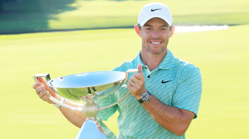 ATLANTA, GEORGIA - AUGUST 28: Rory McIlroy of Northern Ireland celebrates with the FedEx Cup after winning during the final round of the TOUR Championship at East Lake Golf Club on August 28, 2022 in Atlanta, Georgia. (Photo by Sam Greenwood/Getty Images)