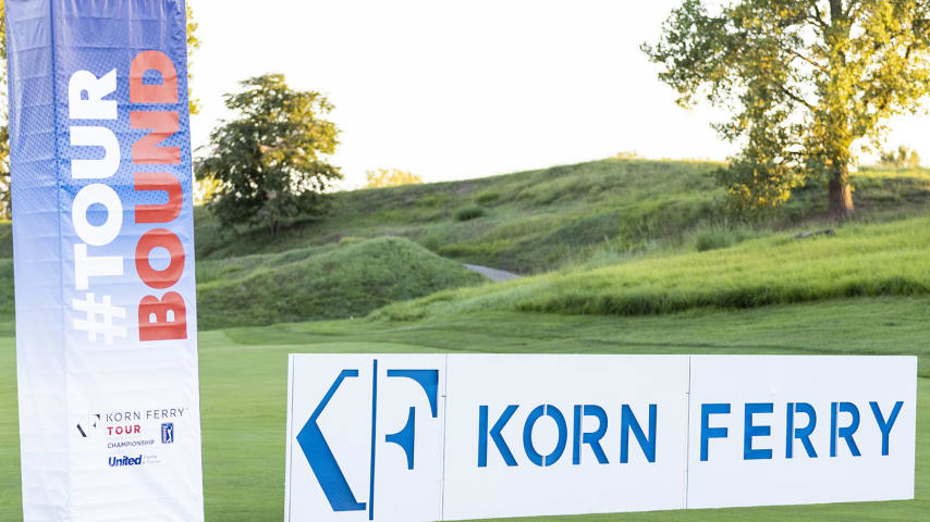 NEWBURGH, IN - SEPTEMBER 05: Korn Ferry Tour signage is seen on the 18th green during the Finals 25 ceremony after the final round of the Korn Ferry Tour Championship presented by United Leasing and Financing at Victoria National Golf Club on September 5, 2021 in Newburgh, Indiana. (Photo by James Gilbert/PGA TOUR via Getty Images)