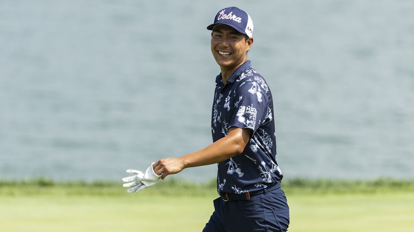 NEWBURGH, INDIANA - SEPTEMBER 03:  Justin Suh walks on the 18th hole during the third round of the Korn Ferry Tour Championship presented by United Leasing and Financing at Victoria National Golf Club on September 03, 2022 in Newburgh, Indiana. (Photo by James Gilbert/PGA TOUR via Getty Images)