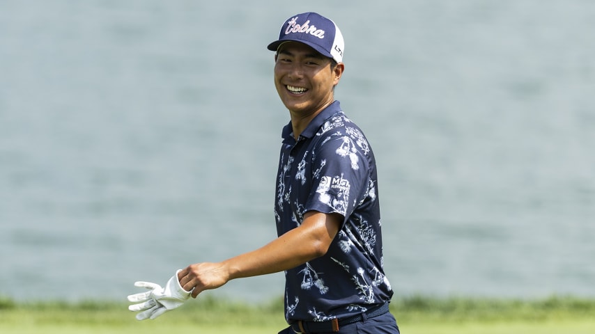 NEWBURGH, INDIANA - SEPTEMBER 03:  Justin Suh walks on the 18th hole during the third round of the Korn Ferry Tour Championship presented by United Leasing and Financing at Victoria National Golf Club on September 03, 2022 in Newburgh, Indiana. (Photo by James Gilbert/PGA TOUR via Getty Images)