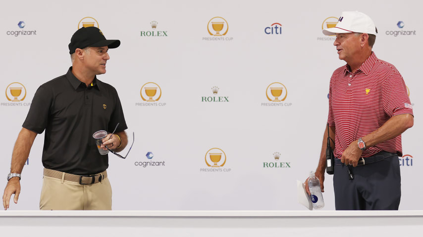 CHARLOTTE, NORTH CAROLINA - SEPTEMBER 20: (L-R) Captain Trevor Immelman of the International Team and Captain Davis Love III of the United States Team speak during a press conference prior to the 2022 Presidents Cup at Quail Hollow Country Club on September 20, 2022 in Charlotte, North Carolina. (Photo by Warren Little/Getty Images)