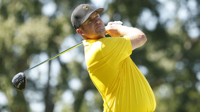 CHARLOTTE, NORTH CAROLINA - SEPTEMBER 21: Taylor Pendrith of Canada and the International Team plays a tee shot during a practice round prior to the 2022 Presidents Cup at Quail Hollow Country Club on September 21, 2022 in Charlotte, North Carolina. (Photo by Cliff Hawkins/Getty Images)