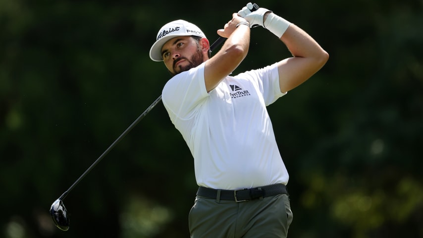 MEMPHIS, TENNESSEE - AUGUST 11: Hayden Buckley of the United States plays his shot from the seventh tee during the first round of the FedEx St. Jude Championship at TPC Southwind on August 11, 2022 in Memphis, Tennessee. (Photo by Stacy Revere/Getty Images)