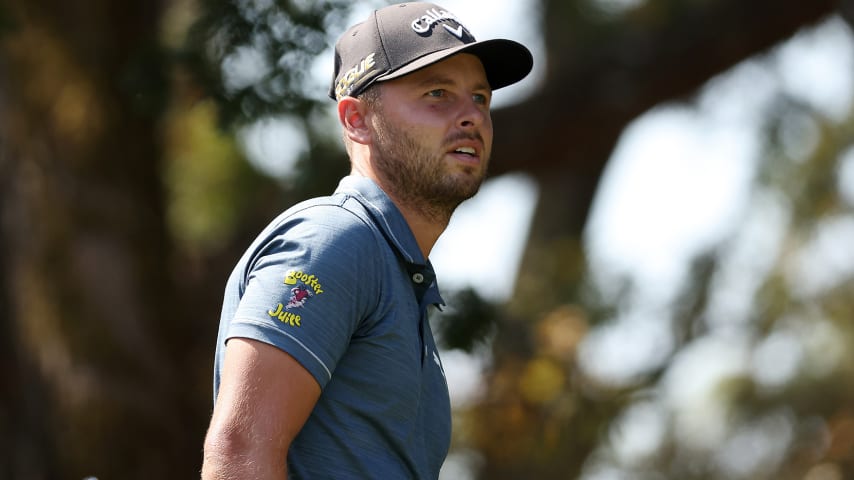 NAPA, CALIFORNIA - SEPTEMBER 15: Adam Svensson of Canada hits his tee shot on the 15th hole during the first round of the Fortinet Championship at Silverado Resort and Spa North course on September 15, 2022 in Napa, California. (Photo by Mike Mulholland/Getty Images)