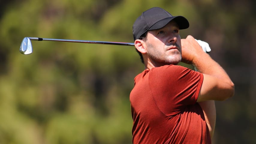 STATELINE, NV - JULY 10: Former NFL quarterback Tony Romo takes a swing during the playoffs on the 18th hole during the Final Round of the American Century Championship at Edgewood Tahoe Golf Course on July 10, 2022 in Stateline, Nevada. (Photo by Isaiah Vazquez/Clarkson Creative/Getty Images)