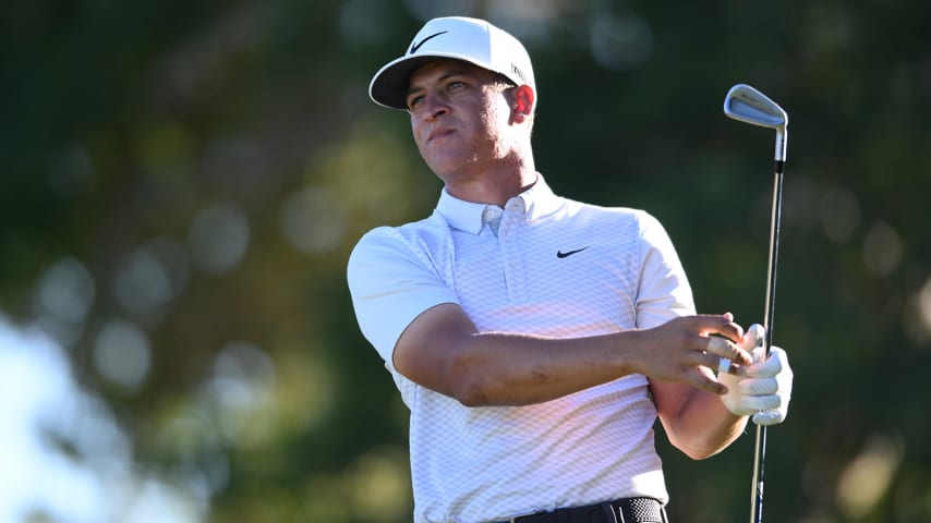 LAS VEGAS, NEVADA - OCTOBER 07: Cameron Champ plays his shot from the eighth tee during the second round of the Shriners Children's Open at TPC Summerlin on October 07, 2022 in Las Vegas, Nevada. (Photo by Orlando Ramirez/Getty Images)