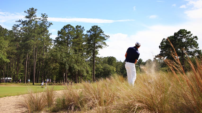 RIDGELAND, SOUTH CAROLINA - JUNE 13: Harris English plays his shot out of the rough on the 12th hole during the final round of the Palmetto Championship at Congaree on June 13, 2021 in Ridgeland, South Carolina. (Photo by Mike Ehrmann/Getty Images)