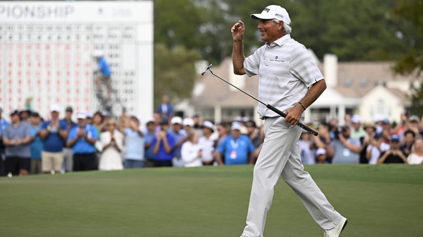 CARY, NORTH CAROLINA - OCTOBER 16: Fred Couples reactsa after sinking the winning putt during the final round of the SAS Championship at Prestonwood Country Club on October 16, 2022 in Cary, North Carolina. (Photo by Eakin Howard/Getty Images)