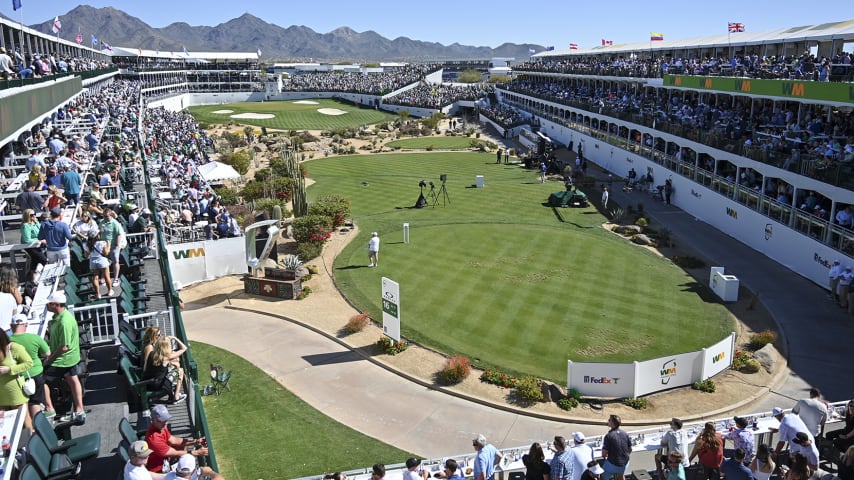 SCOTTSDALE, AZ - FEBRUARY 12:  A general view of the 16th hole during the third round of the WM Phoenix Open at TPC Scottsdale on February 12, 2022 in Scottsdale, Arizona. (Photo by Tracy Wilcox/PGA TOUR via Getty Images)