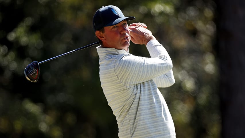 RIDGELAND, SOUTH CAROLINA - OCTOBER 20: Lucas Glover of the United States hits a tee shot on the 12th hole during the first round of the CJ Cup at Congaree Golf Club on October 20, 2022 in Ridgeland, South Carolina. (Photo by Mike Mulholland/Getty Images for The CJ Cup)