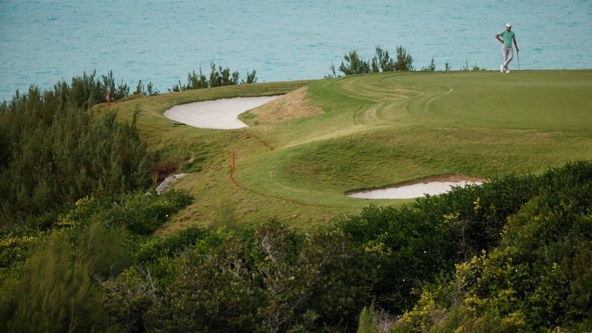 SOUTHAMPTON, BERMUDA - OCTOBER 30: Guido Migliozzi of Italy looks on over the 16th green during the third round of the Butterfield Bermuda Championship at Port Royal Golf Course on October 30, 2021 in Southampton, Bermuda. (Photo by Cliff Hawkins/Getty Images)