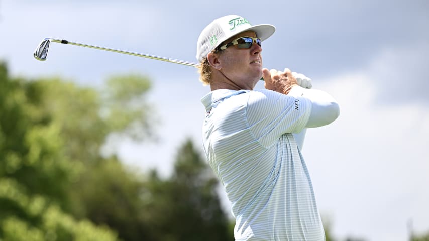 GREENSBORO, NORTH CAROLINA - AUGUST 06: Charley Hoffman of the United States plays his shot from the seventh tee during the third round of the Wyndham Championship at Sedgefield Country Club on August 06, 2022 in Greensboro, North Carolina. (Photo by Eakin Howard/Getty Images)