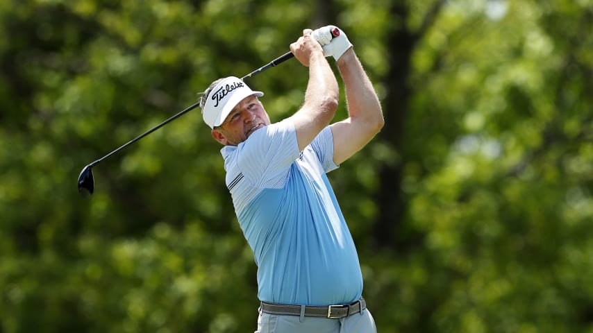 HUNTSVILLE, ALABAMA - APRIL 28: Jason Bohn of the United States hits his tee shot on the 17th hole during the first round of the Huntsville Championship at The Ledges on April 28, 2022 in Huntsville, Alabama. (Photo by Mike Mulholland/Getty Images)