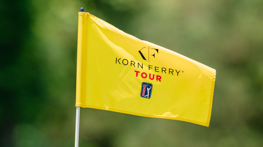 RALEIGH, NORTH CAROLINA - JUNE 02: The Korn Ferry Tour logo is displayed on a flag for the ninth hole during round one of the REX Hospital Open at The Country Club at Wakefield Plantation on June 02, 2022 in Raleigh, North Carolina. (Photo by Jacob Kupferman/Getty Images)