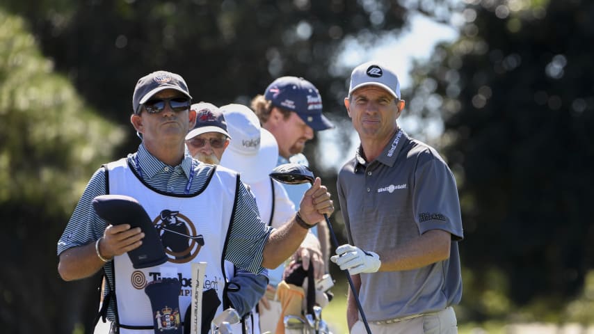 BOCA RATON, FL - NOVEMBER 07: Steven Alker of New Zealand and his caddie Sam Workman during the final round of the PGA TOUR Champions Timber Tech Championship at The Old Course at Broken Sound on November 7, 2021 in Boca Raton, FL. (Photo by Tracy Wilcox/PGA TOUR via Getty Images)