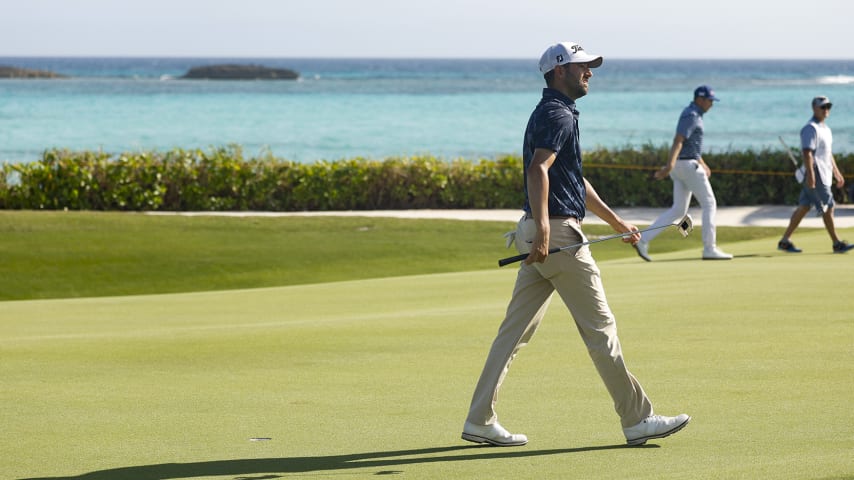 GREAT ABACO, BAHAMAS - JANUARY 23: Cody Blick putts on the fourth hole during the second round of The Bahamas Great Abaco Classic at The Abaco Club on Winding Bay on January 23, 2023 in Great Abaco, Bahamas. (Photo by Sarah Stier/Getty Images,)