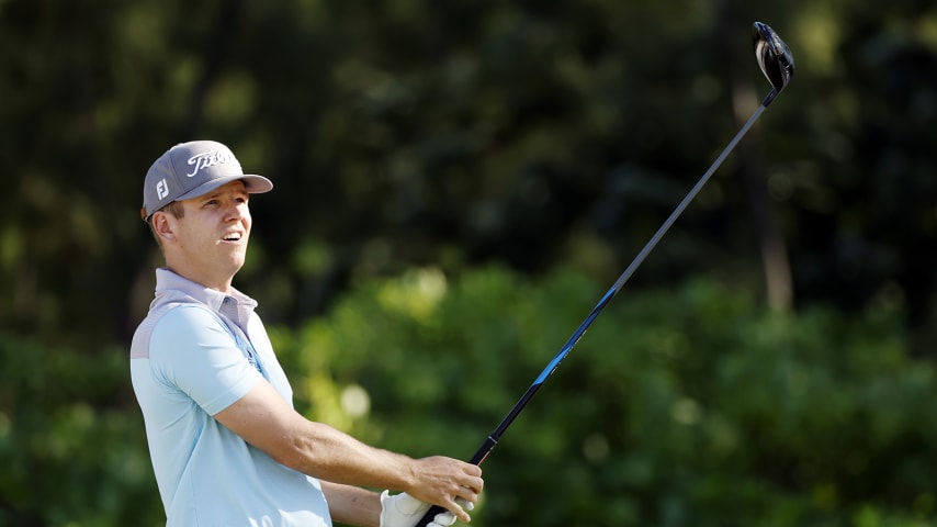 GREAT EXUMA ISLAND, BAHAMAS - JANUARY 15: Jeremy Paul of Germany plays his shot on the 3rd tee during the first round of The Bahamas Great Exuma Classic at Sandals Emerald Bay Golf Club on January 15, 2023 in Great Exuma Island, Bahamas. (Photo by Sarah Stier/Getty Images)