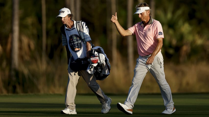 NAPLES, FLORIDA - FEBRUARY 19: Bernhard Langer of Germany reacts from the 18th fairway during the final round of the Chubb Classic at Tiburon Golf Club on February 19, 2023 in Naples, Florida. (Photo by Douglas P. DeFelice/Getty Images)