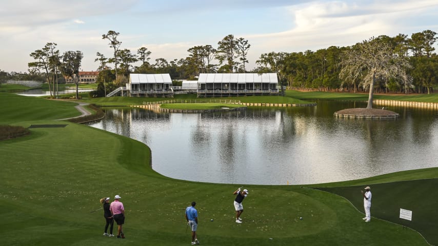 A golfer plays his shot on the 17th hole on the Stadium Course at TPC Sawgrass, home of THE PLAYERS Championship, on January 20, 2023 in Ponte Vedra Beach, Florida. (Photo by Keyur Khamar/PGA TOUR via Getty Images)