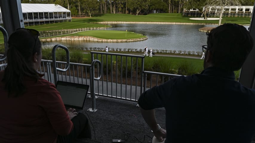 Members of the Shotlink team track play on the 17th hole on the Stadium Course at TPC Sawgrass, home of THE PLAYERS Championship, on January 20, 2023 in Ponte Vedra Beach, Florida. (Photo by Keyur Khamar/PGA TOUR via Getty Images)