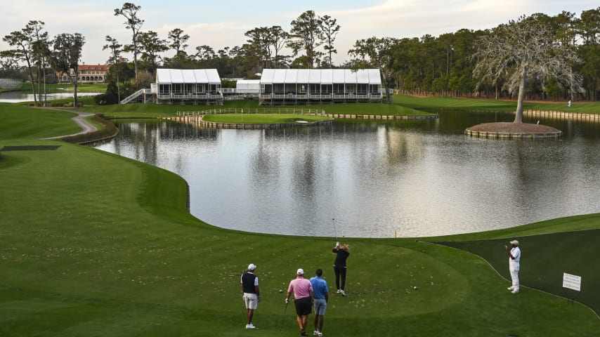 A golfer plays her shot on the 17th hole on the Stadium Course at TPC Sawgrass, home of THE PLAYERS Championship, on January 20, 2023 in Ponte Vedra Beach, Florida. (Photo by Keyur Khamar/PGA TOUR via Getty Images)