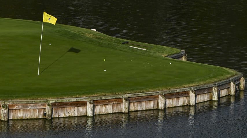 Four balls sit safely on the 17th hole green on the Stadium Course at TPC Sawgrass, home of THE PLAYERS Championship, on January 20, 2023 in Ponte Vedra Beach, Florida. (Photo by Keyur Khamar/PGA TOUR via Getty Images)