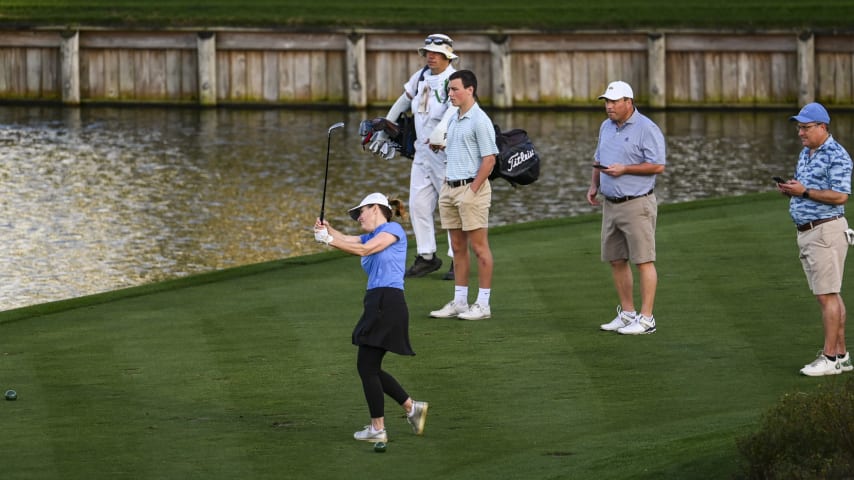 A golfer plays her shot on the 17th hole forward tee on the Stadium Course at TPC Sawgrass, home of THE PLAYERS Championship, on January 20, 2023 in Ponte Vedra Beach, Florida. (Photo by Keyur Khamar/PGA TOUR via Getty Images)