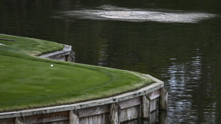 A ball splashes in the water right of the green on the 17th hole on the Stadium Course at TPC Sawgrass, home of THE PLAYERS Championship, on January 20, 2023 in Ponte Vedra Beach, Florida. (Photo by Keyur Khamar/PGA TOUR via Getty Images)