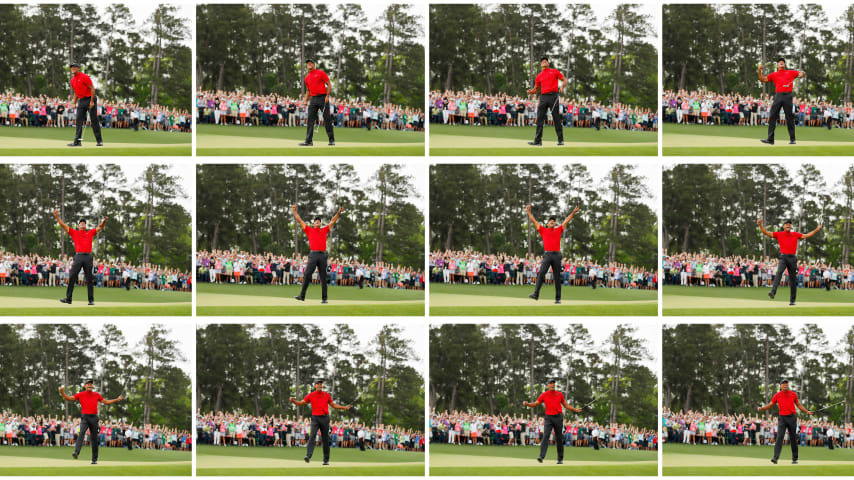 AUGUSTA, GEORGIA - APRIL 14: (EDITOR'S NOTE: COMPOSITE IMAGE OF SEQUENCE AVAILABLE AS INDIVIDUAL IMAGES) Tiger Woods of the United States celebrates after making his putt on the 18th green to win the Masters at Augusta National Golf Club on April 14, 2019 in Augusta, Georgia. (Photo by Kevin C. Cox/Getty Images)