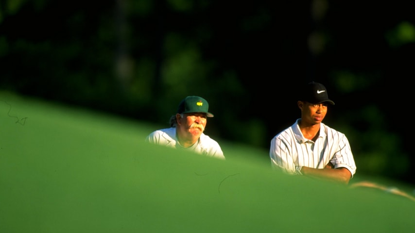 9 Apr 1998:  Portrait of Tiger Woods of the USA and his caddy ''Fluff'' during the US Masters at Augusta National Golf Club in Georgia, USA. \ Mandatory Credit: Andrew  Redington/Allsport