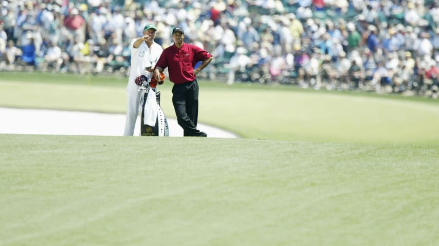 AUGUSTA, GA - APRIL 13:  Tiger Woods of the USA looks on from the first fairway during the final round of the 2003 Masters Tournament on April 13, 2003 at the Augusta National Golf Club in Augusta, Georgia. (Photo by Andrew Redington/Getty Images)