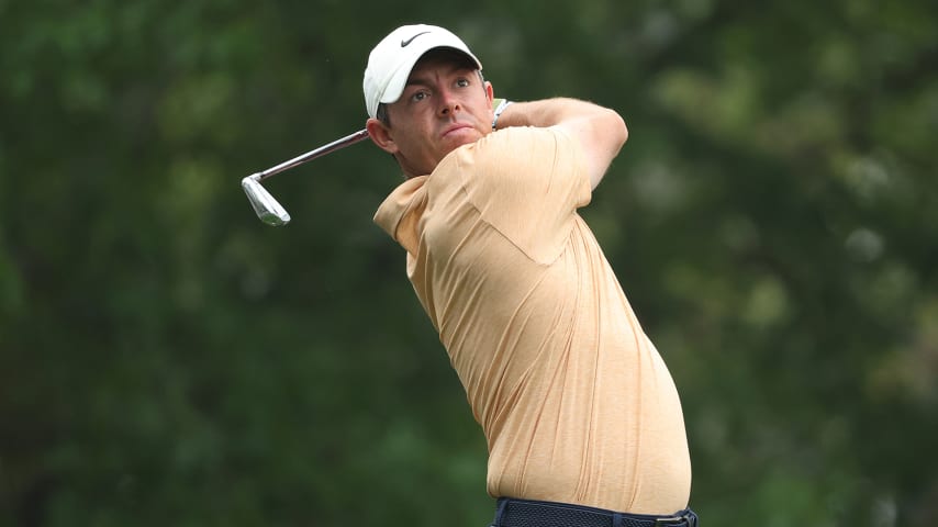 AUGUSTA, GEORGIA - APRIL 04: Rory McIlroy of Northern Ireland plays his shot from the fourth tee during a practice round prior to the 2023 Masters Tournament at Augusta National Golf Club on April 04, 2023 in Augusta, Georgia. (Photo by Patrick Smith/Getty Images)