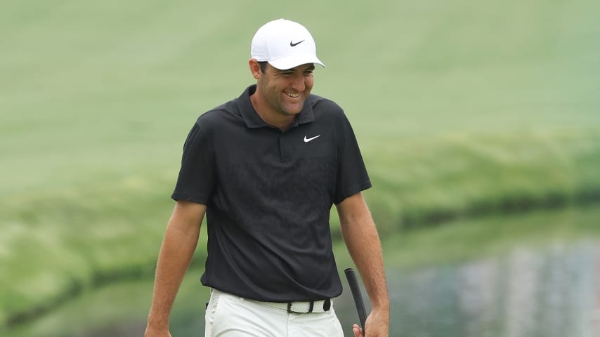 AUGUSTA, GEORGIA - APRIL 04: Scottie Scheffler of the United States laughs on the 16th green during a practice round prior to the 2023 Masters Tournament at Augusta National Golf Club on April 04, 2023 in Augusta, Georgia. (Photo by Patrick Smith/Getty Images)