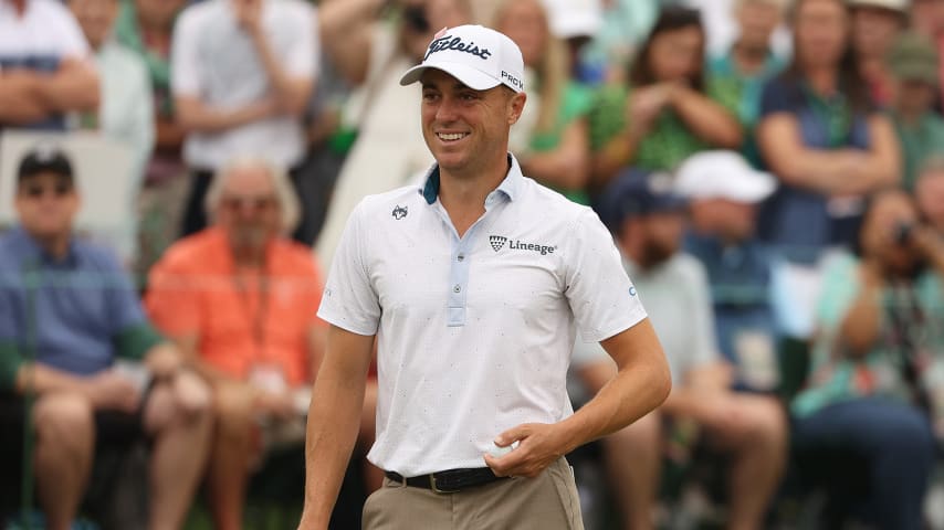 AUGUSTA, GEORGIA - APRIL 04: Justin Thomas of the United States laughs on the ninth green during a practice round prior to the 2023 Masters Tournament at Augusta National Golf Club on April 04, 2023 in Augusta, Georgia. (Photo by Patrick Smith/Getty Images)