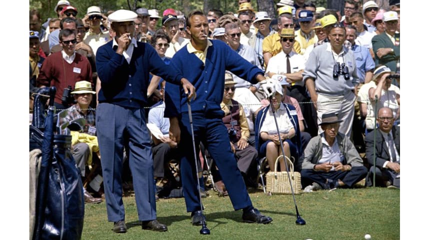 (Left to right) Ben Hogan and Arnold Palmer waiting to tee off in the third round of the 1966 Masters. (Augusta National/Getty Images)