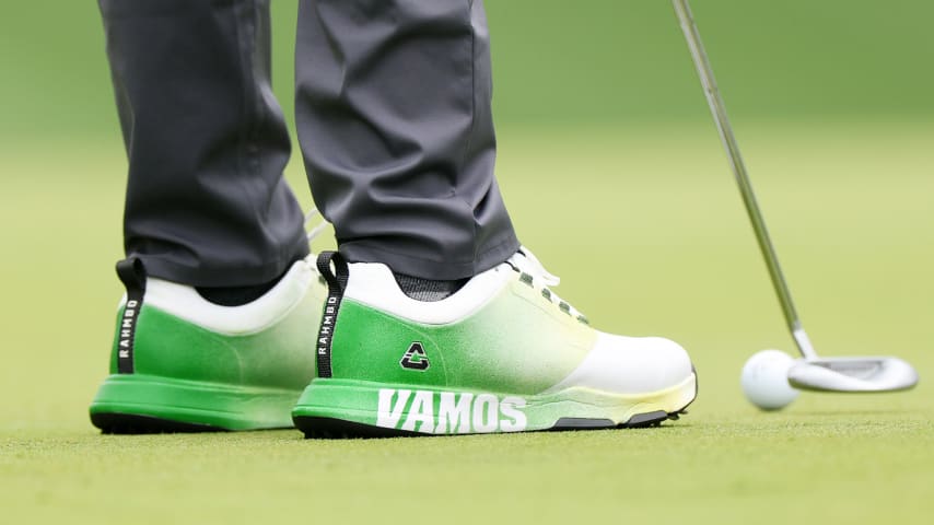 Jon Rahm's Cuater shoes his Tuesday practice round. (Andrew Redington/Getty Images)