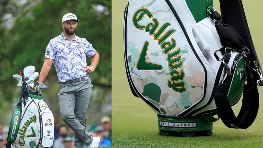 Jon Rahm using Callaway's limited edition staff bag at the 2023 Masters. (Patrick Smith/Getty Images)