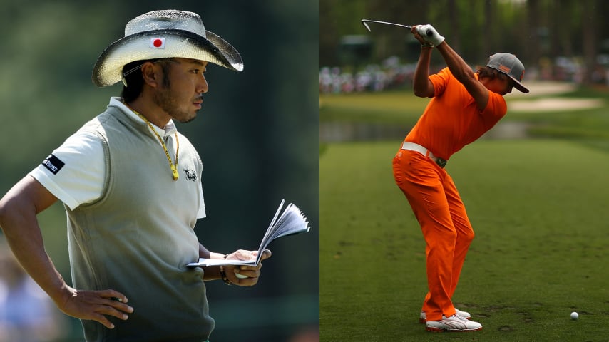 Shingo Katayama in the first round of the 2009 Masters. (David Cannon/Getty Images) To the right, Rickie Fowler hits a tee shot in the final round of the 2013 Masters. (Mike Ehrmann/Getty Images)