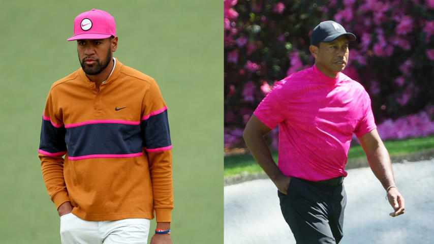 (Left to right) Tony Finau and Tiger Woods at the 2022 Masters Tournament. (Andrew Redington/Getty Images)