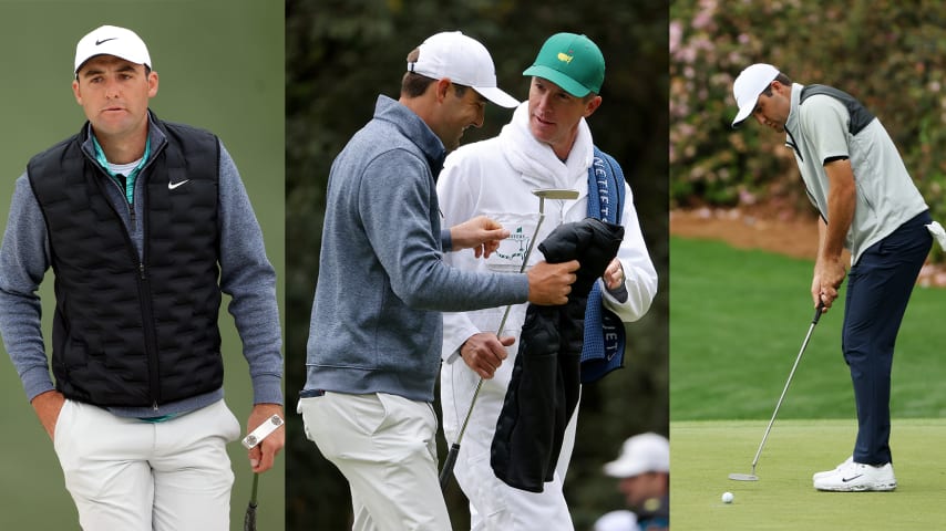 On the left, Scottie Scheffler passes his vest to caddie Ted Scott at the 2022 Masters (Jamie Squire/Getty Images). On the right, Scheffler hits a putt during a practice round at the 2023 Masters. (Ross Kinnaird/Getty Images)